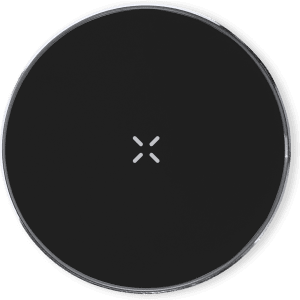 A black wireless charger with a sleek circular design and a small logo in the centre.