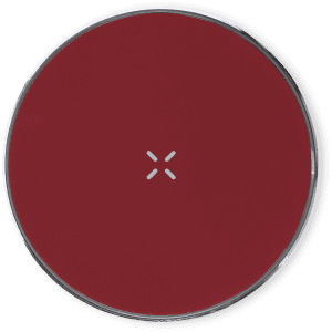 A round, red wireless charger with a sleek design and a small logo in the centre.