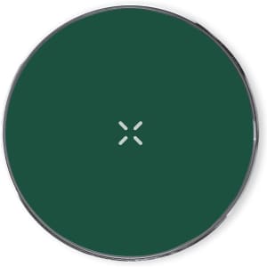 A round wireless charger in dark green with a glossy finish and a central logo.