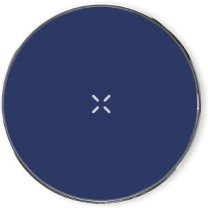 A round wireless charger in navy blue with a minimalist design and a small logo in the centre.