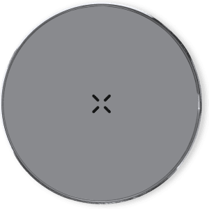 A round, grey wireless charger with a minimalist design, featuring a small logo in the centre.