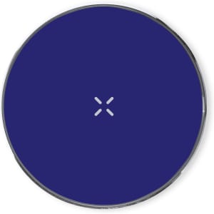 A round wireless charger in a deep blue colour, featuring a central logo design.