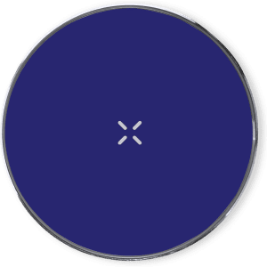 A round, wireless charger in a deep blue colour with a simple design and a logo in the centre.