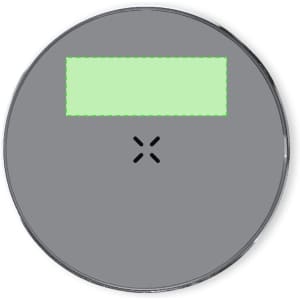 A round grey wireless charger with a green rectangular area on top and a logo at the centre.