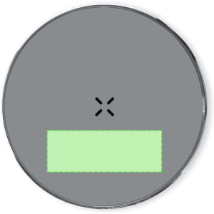 A grey wireless charger with a circular design, featuring a logo and a light green area at the bottom.