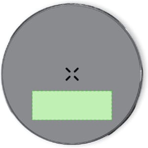A round, grey wireless charger with a green indicator area and a branding logo.