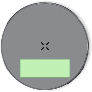A round wireless charger in grey with a green section and a logo.