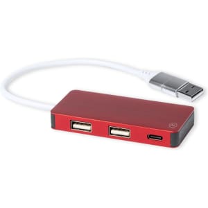 A red USB hub with two USB ports and one USB-C port, connected by a white cable. It features a logo on the side.