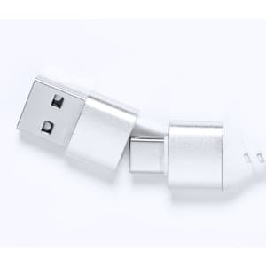 A silver USB hub with multiple connector types, featuring a sleek, metallic design and a brand logo.