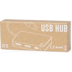 A USB hub in a brown cardboard box, featuring a simple design and a connecting cable. The box has a logo and branding.