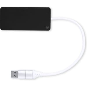 A USB hub with a rectangular black body and a white cable. It features a logo on the body.