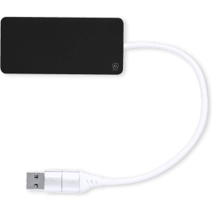 A black Kalat USB hub with a white USB cable. The hub has a logo on it.