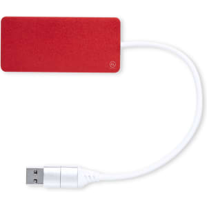 A red USB hub with a white cable, featuring a connector at one end and a rectangular body. It has a logo.