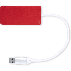 A red USB hub with a white cable, featuring a logo, designed to connect multiple devices.