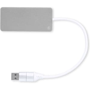A USB hub with a grey casing and a white cable, featuring a USB connector. It includes branding on the surface.