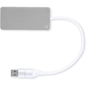 A grey USB hub with a white cable, featuring a logo on one side.