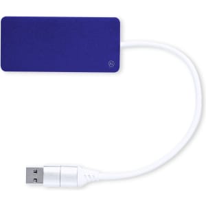 A purple USB hub with a white cable, featuring a branding logo. Designed for connecting multiple devices.