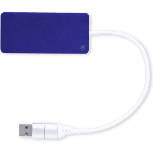 A blue USB hub with a white connecting cable, featuring a logo on the hub.