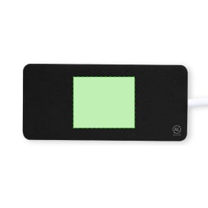 A black USB hub with a rectangular green indicator light and a white cable connected. Features a logo.