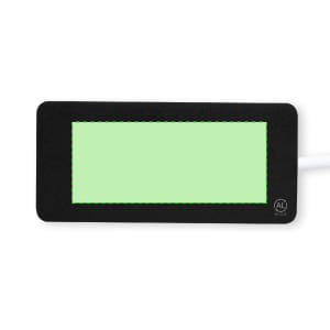 A rectangular black USB hub with a smooth surface and a light green display area, featuring a branding logo.