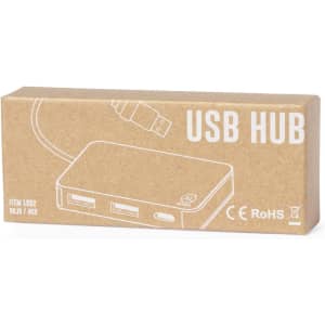 A USB hub in a rectangular cardboard box, featuring two USB ports, with a red and grey design.