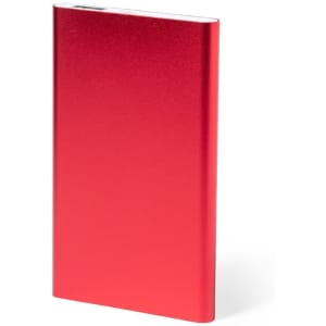 A red power bank with a sleek, metallic finish and a logo on its surface.