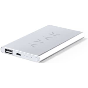 A silver power bank with a USB port and a Type-C port, featuring a minimalistic design and a logo.