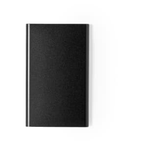 A black power bank featuring a smooth surface and a logo, designed for charging phone and technology devices.
