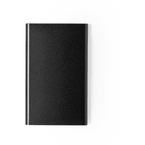 A sleek black power bank with a smooth texture and a logo on the surface, ideal for charging devices.