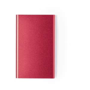 A red power bank with a sleek, shiny finish and a logo on its surface.