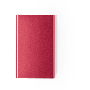 A red power bank with a sleek design, featuring a minimalistic exterior and a logo on the surface.