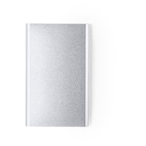 A silver power bank with a sleek, shiny surface and a white accent. It features a branding logo.
