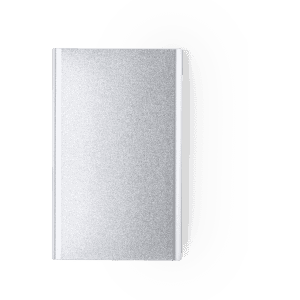 A silver power bank with a sleek design, featuring a white accent and a logo.