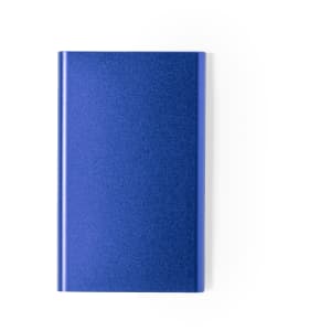 A blue power bank with a sleek, glossy finish, featuring a branding logo.