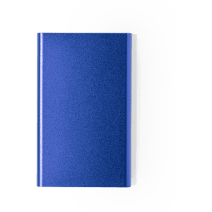 A blue power bank with a textured finish, featuring a logo on its surface.