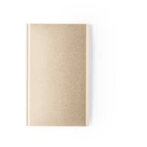 A gold sparkle power bank with a slim design and a discreet logo on the surface.