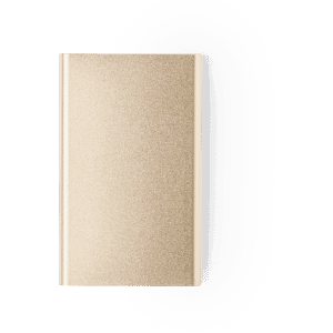 A gold power bank featuring a simple design and rounded edges, with a logo on the surface.