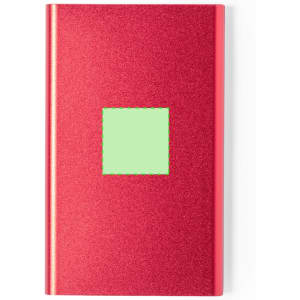A red power bank with a textured finish and a green square area, featuring a logo or branding.