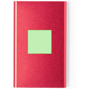 A red power bank with a textured finish and a square green area. It features a logo on the surface.