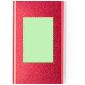 A red power bank with a green rectangular area, featuring a logo on one side.