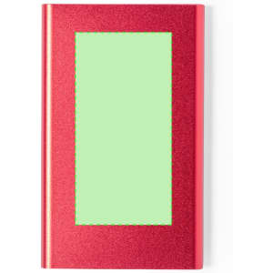 A red power bank with a smooth finish and a blank green area, featuring a logo on the surface.
