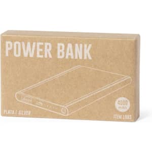A silver power bank in a kraft paper box, featuring an outline illustration and a logo.