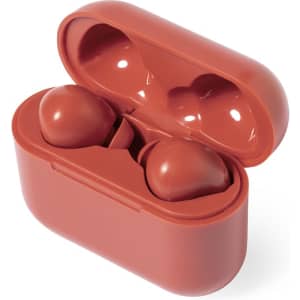 A pair of red earbuds housed in a matching case, featuring a simple design and a logo on the exterior.