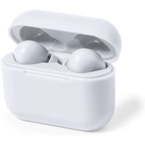 A pair of white earphones housed in a matching case, featuring a simple design and a logo on the case.