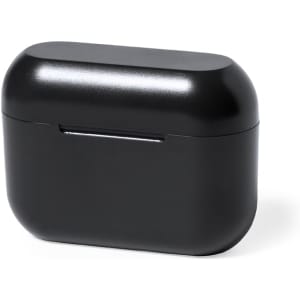A black earphone case with a rounded top and a subtle glossy finish, featuring a small opening.