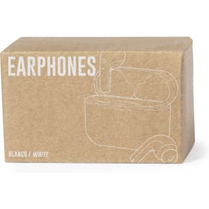A box containing white earphones with a compact charging case, featuring a minimalist design and a logo.