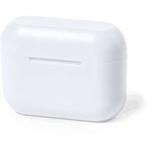 A white earphone charging case with a sleek design, featuring a logo on its surface.