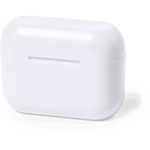 A white charging case for earphones, featuring a smooth, rounded design and a minimalist aesthetic.