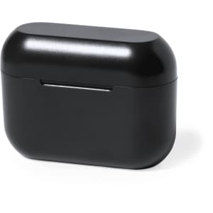 A black earphone case with a smooth finish, featuring a small opening on the front and a rounded design.