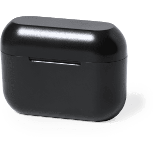 A black earphone charging case with a sleek design, featuring a logo on the front.